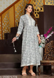Grey Rayon Printed Kurti Gown - Three-Quarter Sleeves, ideal for parties & festivals. High-quality Indian-made women's fashion wear