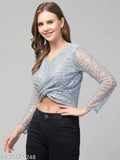 Long-sleeve embellished net polyester tinsel bling top for women, sequined knot style, S-L sizes available