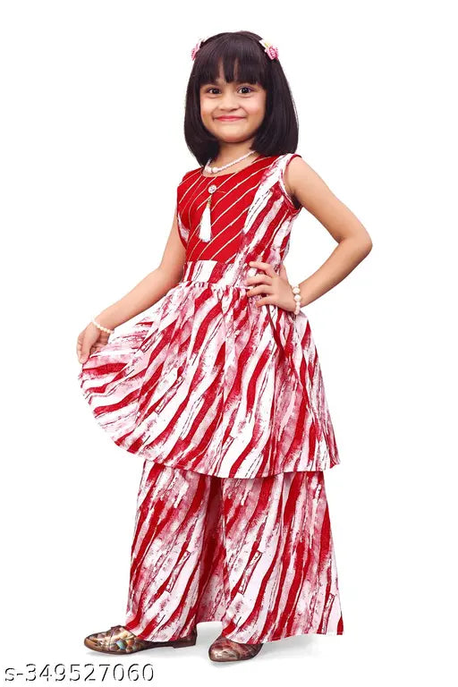 Red crepe dhoti kurta set for girls from Queenpin Festive Collection, printed A-line palazzos with sleeveless design