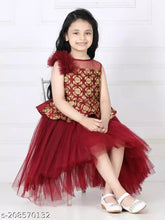 Maroon net hi-low party dress for girls (1-2 years), embellished with toy balloon design from India