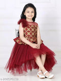 Maroon net hi-low party dress for girls (1-2 years), embellished with toy balloon design from India