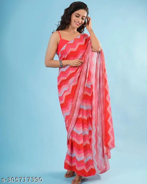 Georgette printed saree with solid blouse, Indian designer partywear sequin work, free size (length: 5.5m, blouse: 0.8m)