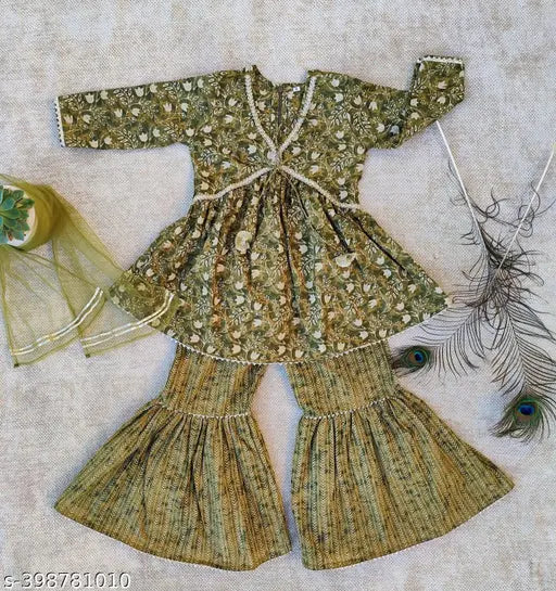 Cotton Nushrat kurti & sharara set, printed anarkali top with long sleeves & net dupatta, Gota lace detail. Matching sharara with elastic waistband. India origin