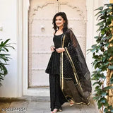 Black rayon Palazzo dupatta set with embellished kurta and bottomwear, perfect for party wear events on display