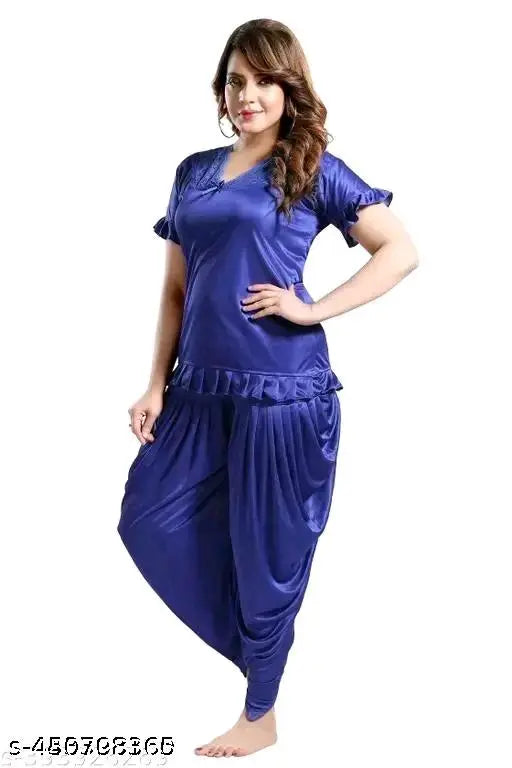 Satin solid night suit set (top & dhoti), sleeveless satin night wear with lace work, pack of 1 - attractive, comfortable bedroom nightwear by Pushbela
