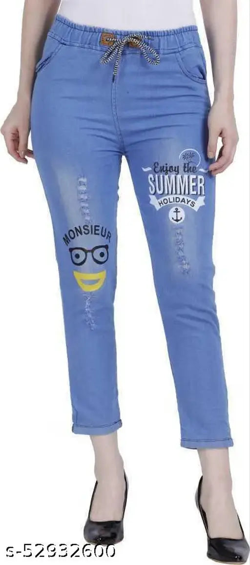 Trending light blue dyed/washed denim jegging with three-color print. Semi-stretchable fabric for enhanced comfort. Style size 28, 30 (Waist: 28in/30in, Length: 34in, Hip: 30in/32in). Made in India
