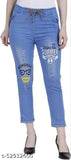 Trending light blue dyed/washed denim jegging with three-color print. Semi-stretchable fabric for enhanced comfort. Style size 28, 30 (Waist: 28in/30in, Length: 34in, Hip: 30in/32in). Made in India