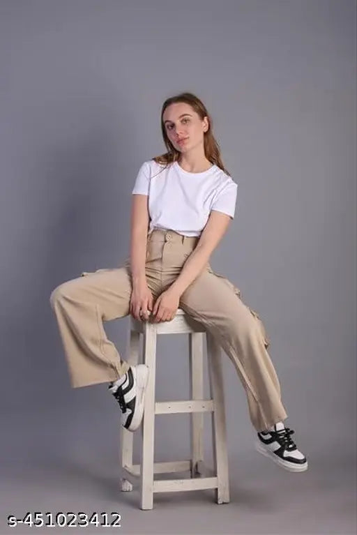 Beige Korean cotton blend 5-pocket cargos for women, solid net style on clothing rack