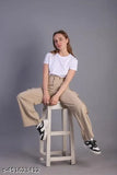 Beige Korean cotton blend 5-pocket cargos for women, solid net style on clothing rack