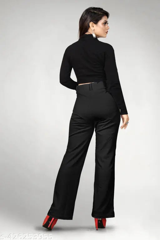 Solid cotton straight-leg trousers for women, high rise with elastic waistband and slim fit