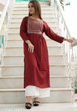 Rayon two-tone Rara Handicrafts kurta with beautiful embroidery, solid net pattern, three-quarter sleeves, and palazzos bottomwear for women's casual wear