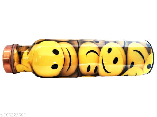 Copper water bottle Meena Smile Print, 1 liter, yellow, leak-proof, handcrafted in India