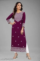 Rayon chikankari kurti for women, three-quarter sleeves, M-XXXL sizes. Indian embroidered kurti on model, stylish and comfortable fashion wear for functions, festivals, parties, or weddings