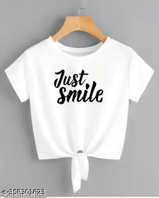 Trendy white crop top with 'just smile' printed design, short sleeves made from Lycra. Fits S-XL sizes