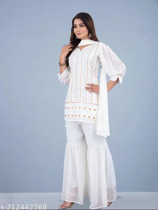 Three-piece Georgette Sharara set, sequin-embellished. Indian women's outfit with dupatta and bottomwear in three quartersleeves