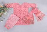 Pink pure cotton floral printed Kurti Pajami set with dupatta for kids girls, featuring sharara bottoms and three-quarter sleeves. Available in sizes 12-18 months, 18-24 months, 2-3 years, 3-4 years, 4-5 years, and 5-6 years. Made in India