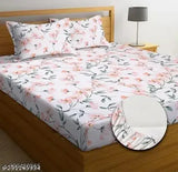White cotton fitted bedsheets, floral print for summer, ideal for adults (double king, 210 thread count, 78x72 inches)