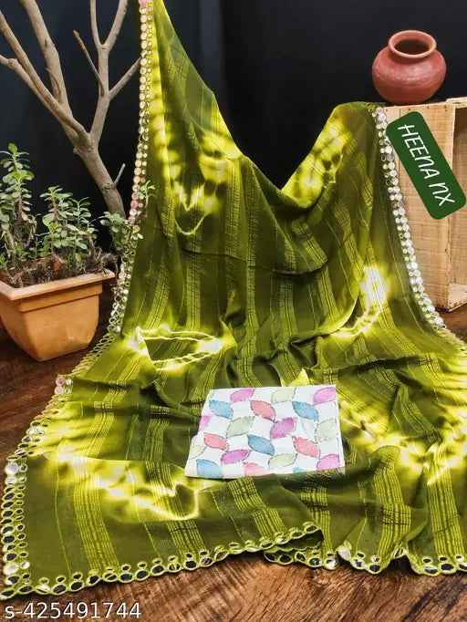 Striped chiffon saree with separate satin silk blouse, dyed/washed pattern, new design, Bollywood-inspired, Indian origin