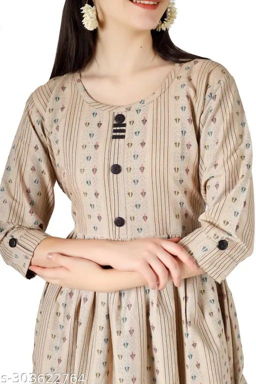 Cotton straight frock dress, three-quarter sleeves, printed combo in cotton blend - casual office wear from India