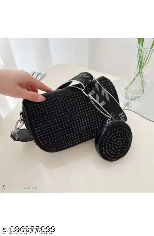 Fancy PU sling bag, embellished with rhinestones, free size