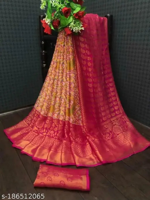 Colorful printed chiffon Brasso saree with semi-stitched blouse, Indian occasion wear for women and girls