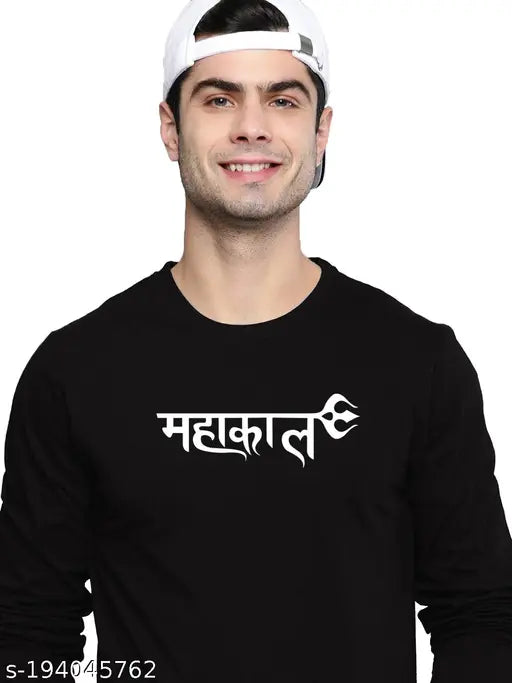 Black cotton Mahakal print men's t-shirt with long sleeves, India origin