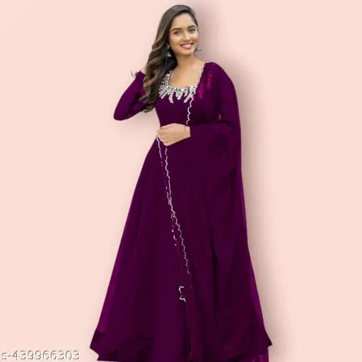 Red Georgette Anarkali Gown with Dupatta, intricate floral embroidery, India origin