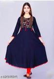 Blue rayon 4latkan kurtis with embroidered pattern, three-quarter sleeve length, on mannequin for women's fashion