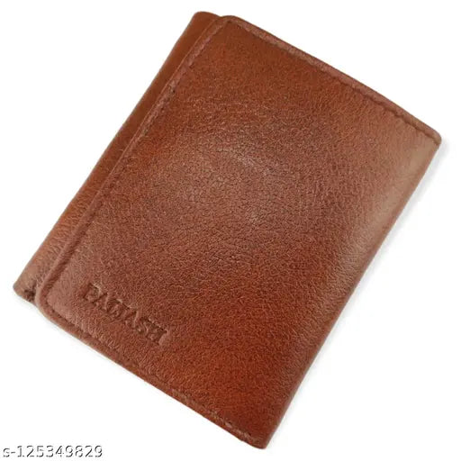Tan leather trifold men's wallet by PAIJASH, featuring 6 card slots and 5 compartments, free size (11x10 cm), handcrafted in India