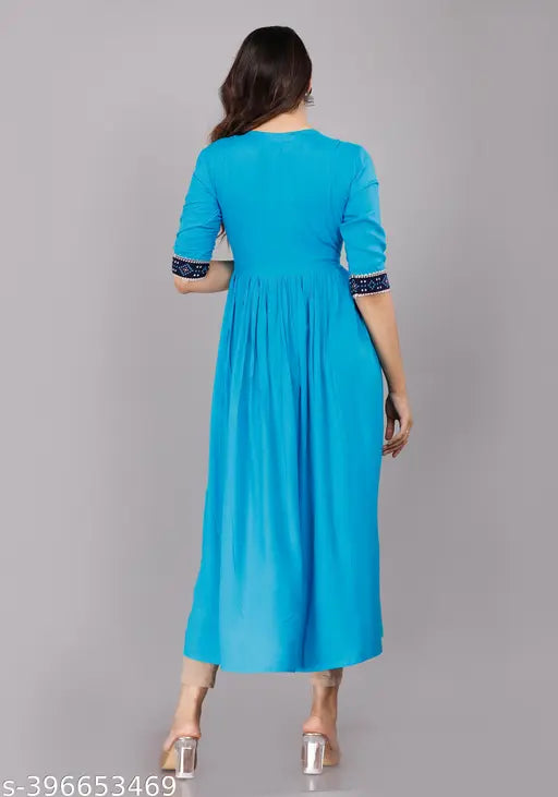 Rayon Naira Cut Dress, printed combo three-quarter sleeves, traditional Indian kurta on woman