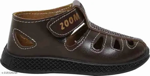 Brown synthetic leather casual shoes-sandals for 3 months to 7 years, ideal for both boys and girls, featuring adjustable velcro straps and PVC sole. Perfect for regular and party wear
