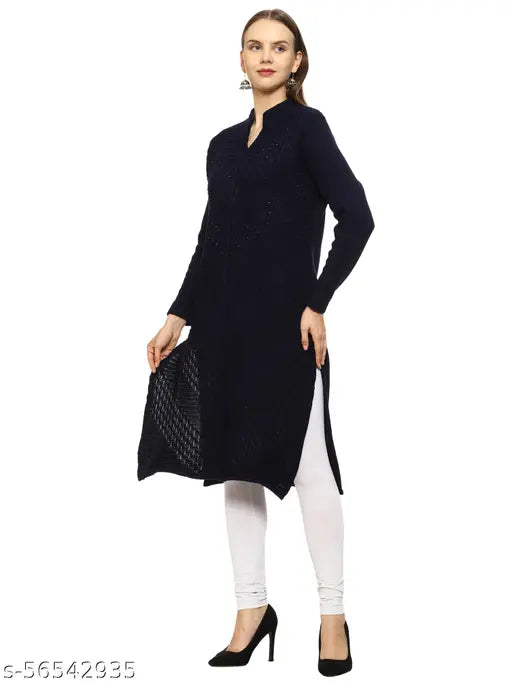 Navy blue embroidered wool kurti, long sleeve, XL size, Indian handcrafted embroidery