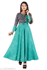 Printed designer rayon gown kurta, three-quarter sleeves, vibrant Indian long plus size combo