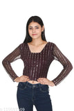 Embellished net, long sleeves women's drawstring solid shimmer top from India