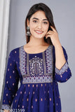 Blue rayon, three-quarter sleeve Aline Kurta featuring floral print, ideal for wedding & party wear