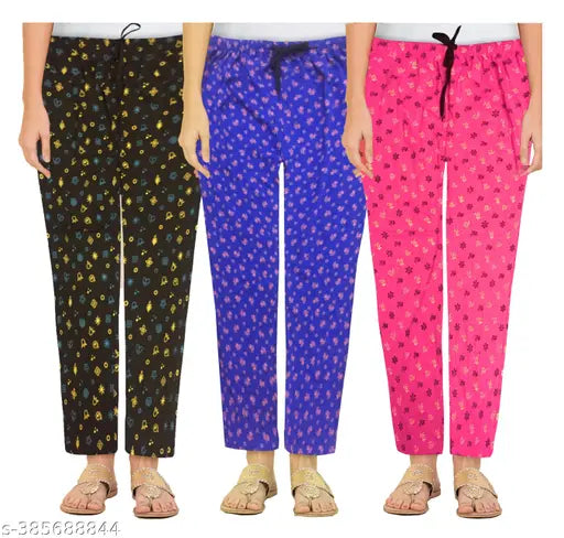 Cotton calf-length pyjama pack of 3 in attractive multi-color flower print, Indian origin