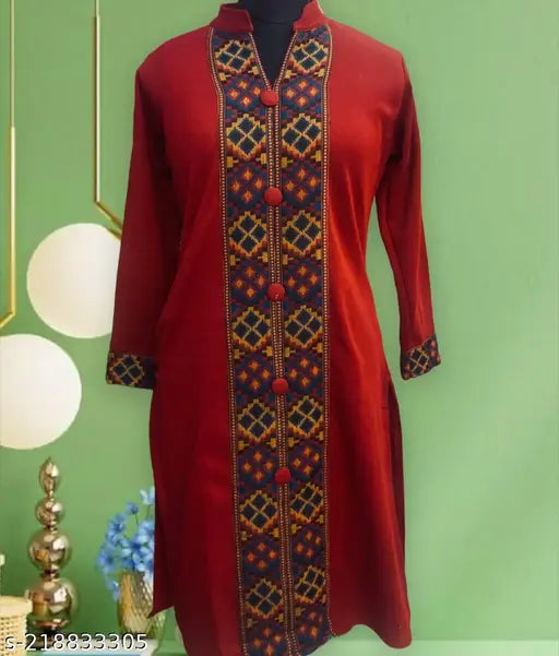 Woolen kurti with Kullu patti designing, warm woolen long-sleeve solid kurti from India