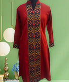 Woolen kurti with Kullu patti designing, warm woolen long-sleeve solid kurti from India