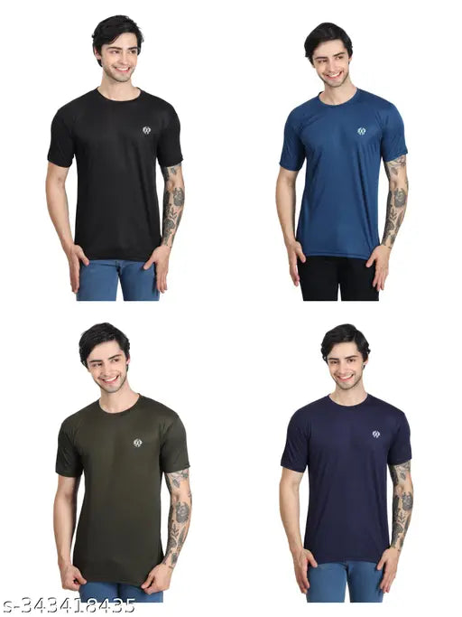 Multicolor polyester men's round neck t-shirts, pack of 4 with short sleeves and printed patterns
