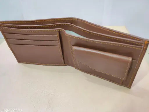 Brown leather men's wallet with 3 compartments, textured design, free size (11cm x 9cm). Stylish accessory for modern use