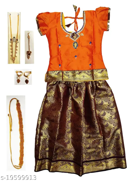 Art Silk Lehenga with Gift, Bhandari Fashion pattu pavadai for infants, Indian traditional attire on display