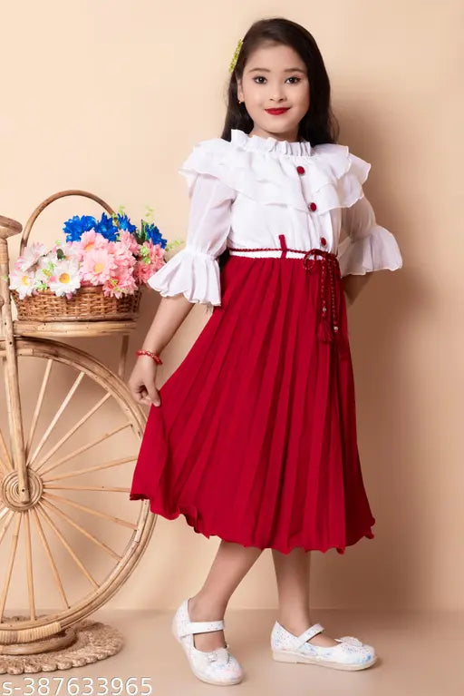 Crepe party dress for girls, solid color, three-quarter sleeves - vibrant Indian kidswear for important events