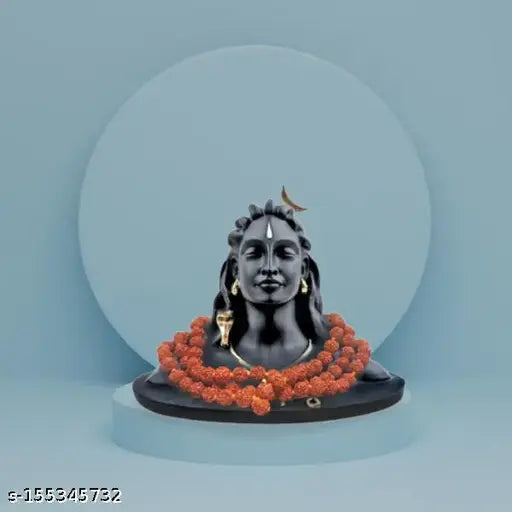 Black Rudraksha Mala Adiyogi Shiva Statue, Indian religious idol for home and office decor