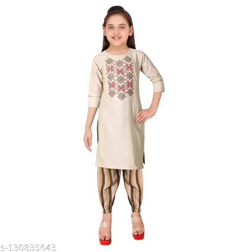 Embroidered Dupion Cotton Kurta and Joggers Set for Girls, A-line silhouette with three-quarter sleeves, Indian-inspired design, sizes from 4-5 to 9-10 years