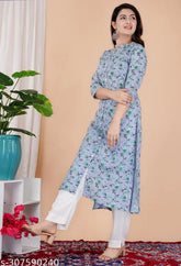 Rayon pink ethnic motif straight kurti with three-quarter sleeves, featuring a stylish design by Shree Ganesh Fashion