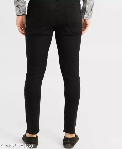 Men's latest black cotton jeans, solid pattern with writing print. Size: 28 (waist 28in, length 40in), also available in sizes 30, 32, and 34. Made in India
