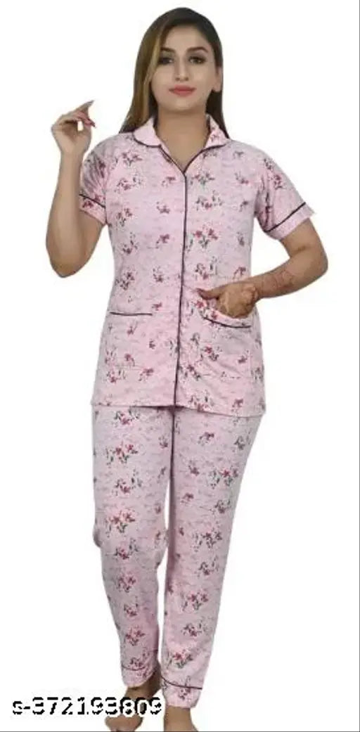 Women's cotton printed night suit set by SSK Knight Wear, featuring a t-shirt top and pyjama bottoms in a cotton blend fabric with short sleeves and intricate prints. Available in sizes M, L, XL, and XXL