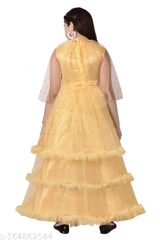 Embellished net three-quarter sleeve gown dress for girls aged 4-12, handmade Indian girls' outfit with intricate net pattern