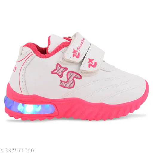 White and pink Prattle foot LED EVA soles, lightweight outdoor sports shoes for little kids T101 - flexible, non-skid, suitable for all seasons, ideal for parties, dance, evening events, music festivals, or celebrations. Perfect birthday, Thanksgiving, Halloween, Christmas gift