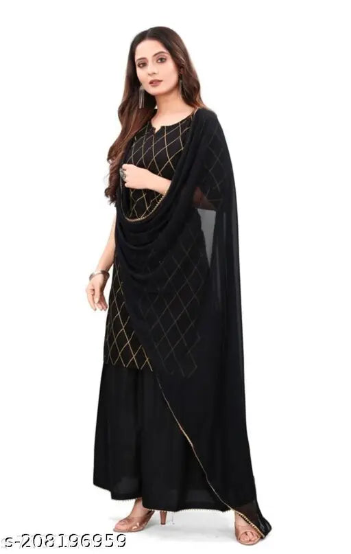 Rayon fashionable dupatta set, printed kurta with three-quarter sleeves on mannequin. Single set in best quality rayon fabric, handcrafted and stitched by professional workers, available in sizes S-XXL. Made in India